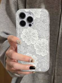 復古白色木槿花蕾絲紋理印花透明手機殼，相容 iPhone 13 15 16 17 Pro 17 14 17 Pro Max，相容 Galaxy/A54 A14 A15 S23 S24 S24 Ultra S25 A07 A17 S26 A57 - 彩色 - 查看 6