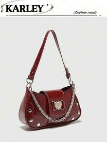 Y2K Biker Style Handbag With 3 Straps, Fashionable Faux Leather Casual Shoulder Bag With Heart Decoration, Versatile Crossbody Bag Suitable For Women, Girls, Students, Etc. - 明亮 - 查看 1
