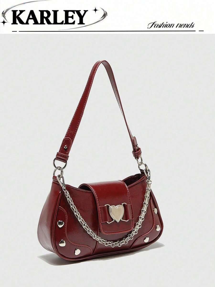 Y2K Biker Style Handbag With 3 Straps, Fashionable Faux Leather Casual Shoulder Bag With Heart Decoration, Versatile Crossbody Bag Suitable For Women, Girls, Students, Etc. - 明亮 - 查看 1