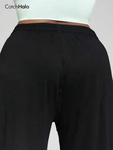 Plus Size Women's Casual Sweatpants With Pockets And Drawstring, Loose Fit, Black Color, Sporty Style Sports Fall - Black - View 12