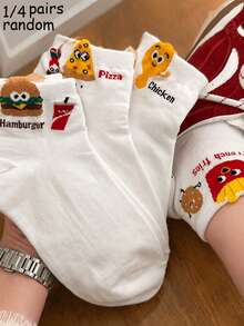 1/4 Pair White American Fast Food Cartoon Food Women's Mid-Calf Socks, Hamburger Pizza Fries Letter Ribbed, Food & Drink Cartoon, Cute & Fun, Minimalist Cute Style, Comfortable Collegiate Style, Suitable For Home, Daily, Party Occasions, Suitable For Outdoor, Family Wear, Suitable For Holiday Gift Occasions - White - View 1