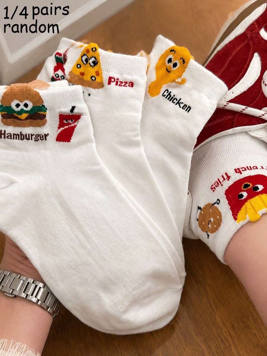 1/4 Pair White American Fast Food Cartoon Food Women's Mid-Calf Socks, Hamburger Pizza Fries Letter Ribbed, Food & Drink Cartoon, Cute & Fun, Minimalist Cute Style, Comfortable Collegiate Style, Suitable For Home, Daily, Party Occasions, Suitable For Outdoor, Family Wear, Suitable For Holiday Gift Occasions - White - View 1