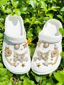 16pcs Gold Bead Butterfly Accessories, Gold Series Accessories, Shoe Charms, Shoe Buckles, Shoe Accessories Pink Cute Series Suitable For Perforated Slippers, Beach Shoes, Garden Shoes, DIY Accessory Parts - Gold - View 5