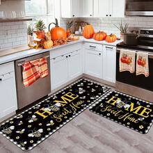 [Holiday Gift] 1pc, 1pc Farmhouse Kitchen Mat With Black Background And Yellow Bee Decorative Pattern, Holiday Gift, Festive Party Decoration Accessories, Soft Flannel Material For Sink Area, Hallway Runner Mat, Suitable For Living Room, Bedroom, Din - Multicolor - View 3