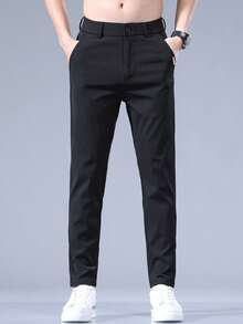 Men's Slim-Fit Straight Leg Casual Trousers With Embroidered Letter Pocket For Summer - 黑色 - 查看 1
