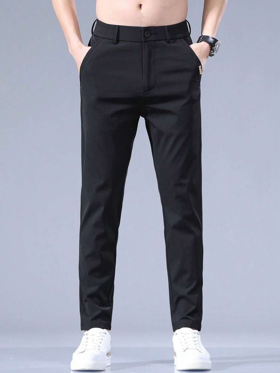 Men's Slim-Fit Straight Leg Casual Trousers With Embroidered Letter Pocket For Summer - 黑色 - 查看 1