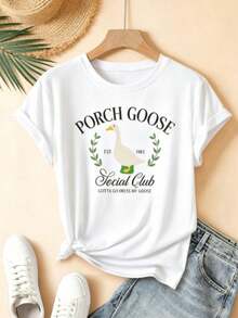 Women's Summer Outfits - Casual T-Shirt With "Porch Goose Social Club" Print - White Crew Neck, Short Sleeve, Lightweight Polyester, Machine Washable - 白色 - 查看 1