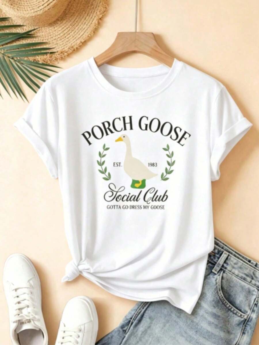 Women's Summer Outfits - Casual T-Shirt With "Porch Goose Social Club" Print - White Crew Neck, Short Sleeve, Lightweight Polyester, Machine Washable - 白色 - 查看 1