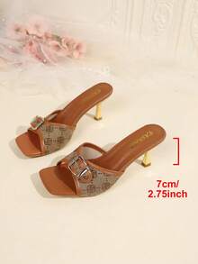 Vintage Monogram Print Mid Heel Slide Sandals For Ladies - Brown - View 2