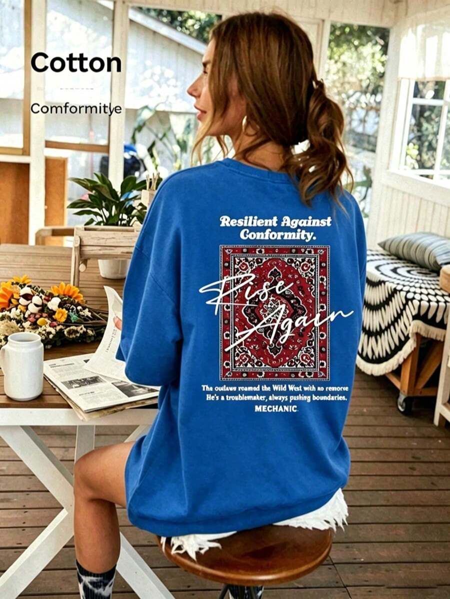 Camiseta de manga corta 100% algodón, de corte holgado y estampada. Nueva camiseta de primavera/verano con estampado persa suave, casual y cómoda. Camisetas de verano para mujer, estilo vint - Azul - Ver 1