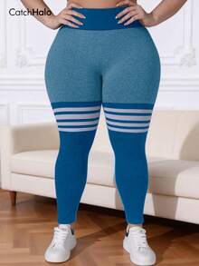 Plus Size Women's Colorblock Striped Yoga Pants, Seamless, High Waist, Abdomen Shaping, Butt Lifting, High Elasticity, Fitness Workout Running Sports - 漫遊藍 - 查看 2