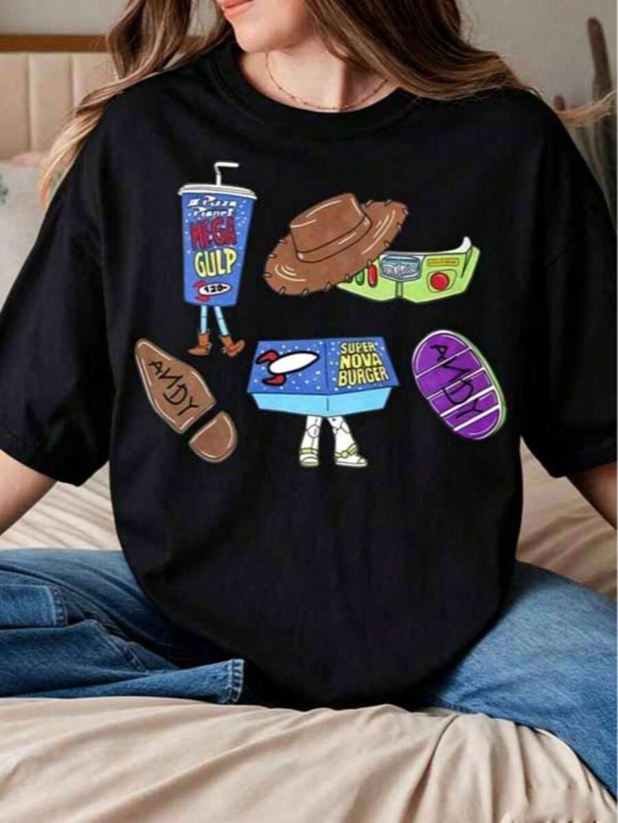 Women's Clothing Comfort Color® Pizza Planet Alien Snack T-Shirt, Walt World Studios H1O1LLYwood Snack T-Shirt 00864 Women's Shirts Casual Blouses - 黑色 - 查看 1