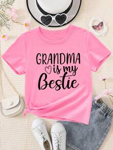Versatile And Modern Casual T-Shirt For Girls With A Print Of The Phrase "My Grandmother Is My Best Friend". - 酒紅色 - 查看 2