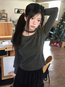 Women's Patchwork Striped 2 In 1 Long Sleeve Turtleneck Top, Korean Vintage Knit Base Layer - Grey - View 3