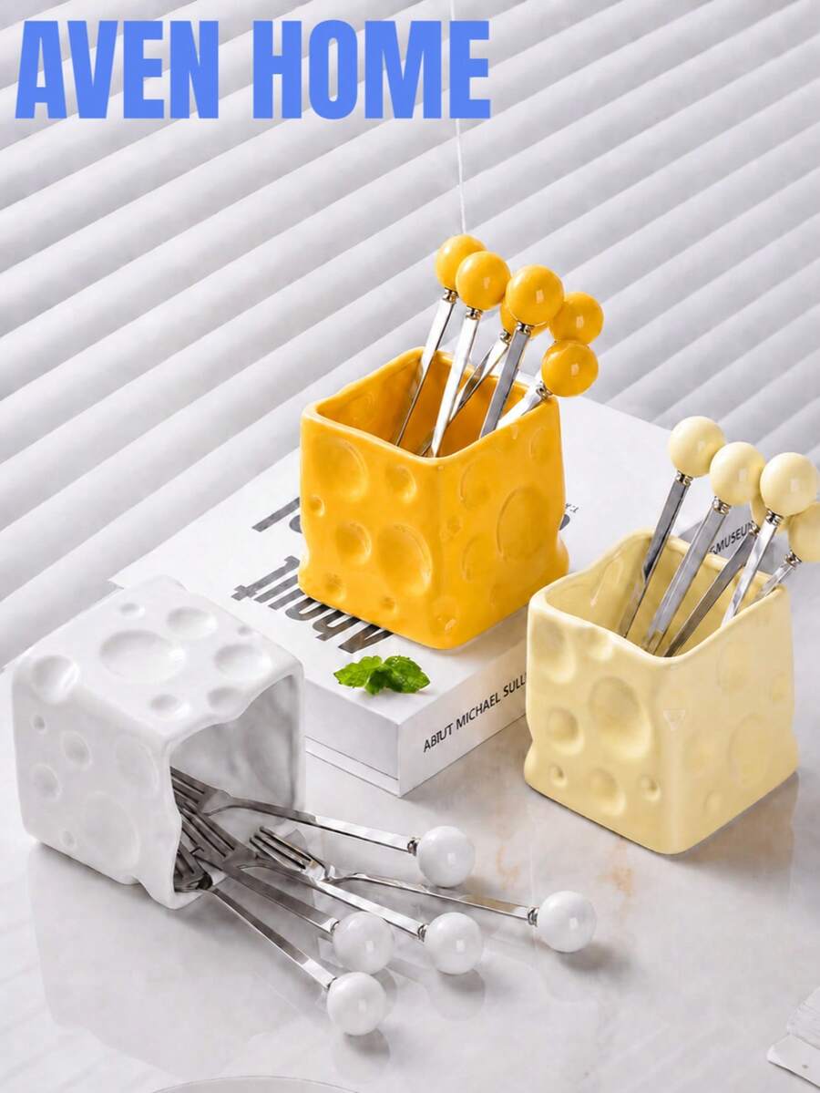 1pc Cheese-Shaped Fruit Fork Storage Rack, Square Tableware Storage Holder, Cute Dessert Fork Organizer, Suitable For Kitchen Countertop, Creative Kitchen Storage Decor, Forks Not Included - Multicolor - View 1
