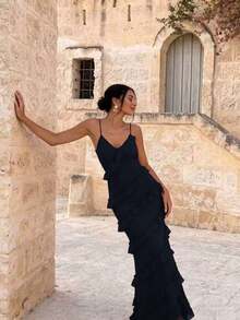 Women's Solid Color Pleated Ruffle Fashion Party Evening Dress Wedding - Navy Blue - View 3