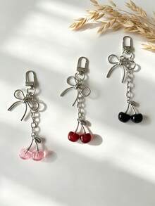 1pc Realistic 3D Cherry Bow Keychain Decoration, Bag Accessory, Phone Charm Pendant - A - View 2