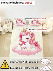2/3PCS Cute Pink Unicorn Bedding Set For Girls Kids, Cartoon Unicorn On Cloud Print Fitted Sheet & Pillowcases, Magical Fantasy Themed Bed Set For Children, Teenagers, Adults, Boys And Girls Bedroom (Twin/Full/Queen/King Size) - Multicolor - View 6