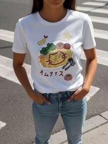 Summer graphic2026 nueva colección primavera-verano de ropa elegante para mujer con hombros descubiertos, camisetas de manga corta sexys para mujer, diseño de gato de dibujos animados peculi - Blanco - Ver 2