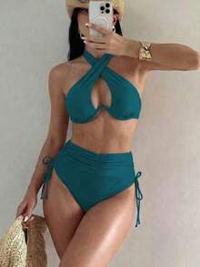 Bonvoyette Women's Summer Bikini Set With Color Blocked Halter Crossover Top And Weave Side Drawstring Bikini Bottom - Green - View 1
