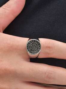 1pc Fashion Hip Hop Stainless Steel Black Zirconia Round Geometric Cast Ring For Men, Vintage, Gothic Style, Jewelry Accessory - Silver - View 2