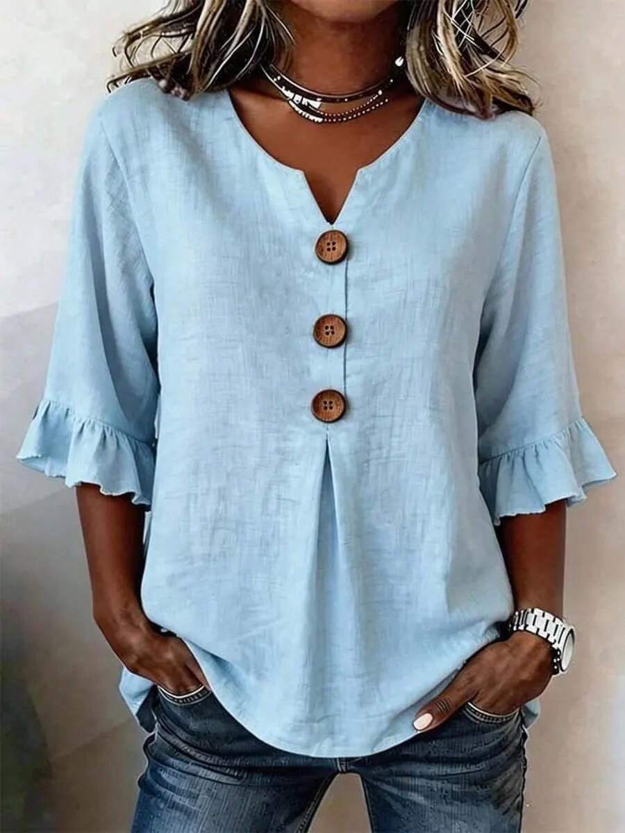Summer 2026: New Cotton And Linen Blouse With Buttons, V-Neck And Ruffle Sleeves, Comfortable And Breathable - Sky Blue - View 1