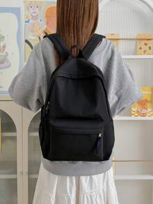 女款極簡黑色尼龍後背包，輕量防水商務通勤日常使用，多口袋大容量休閒後背包，適合辦公室、工作、旅行、學校 - 黑色 - 查看 5