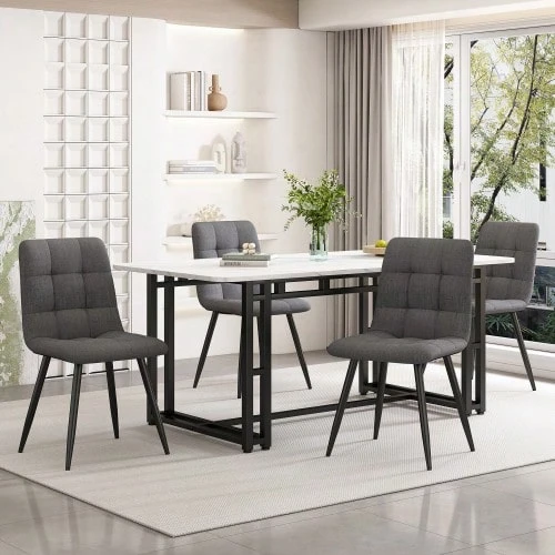 طاولة طعام سوداء 140x80 سم مع 4 كراسي، طقم طاولة طعام مطبخ حديث، كراسي طعام من الكتان الرمادي الداكن، طاولة بأرجل حديدية سوداء - رمادي - مشاهدة 1