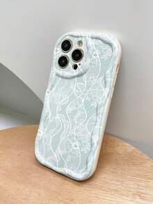 Soft Minimalist Sexy Style Light Blue Background White Wave Lace Floral Wave Phone Case Pearl Bowknot Beaded Hanging Chain Full Coverage Anti-Drop Soft Shell Compatible With IPhone15/14/13 All Models - Antique White - View 6