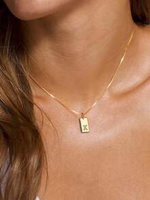 1pc Fashionable Stainless Steel Rectangular 26 Letter Pendant Necklace For Women, Suitable For Daily Wear, Birthday Gift - Yellow Gold - View 6