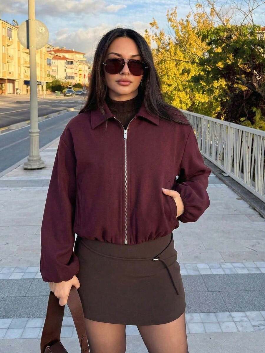 Chaqueta con bolsillo con cremallera para mujer en color burdeos - Abrigo casual de solapa holgada para primavera y otoño - Burdeos - Ver 1