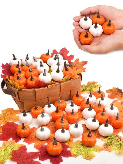 Mini Orange And White Artificial Pumpkin Set With Maple Leaves, Realistic Autumn Harvest Tabletop Scattered Decor, Suitable For Halloween Haunted House, Trick Or Treat Party, Pumpkin Ghost Spider Web Arrangement, Porch, Fireplace Mantel, Shelf, Dining Table, Thanksgiving Centerpiece Gift