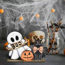 1件裝萬聖節木製裝飾品－幽靈、南瓜與黑貓桌面裝飾；「BOO」桌上中心裝飾；適用於萬聖節居家裝飾與室內派對場景 - 多色 - 查看 3