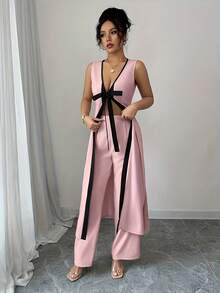 Conjunto de canguro sin mangas con cuello en V y pantalones de pierna ancha, estilo urbano casual y elegante K601, para primavera y verano - Blanco - Ver 5
