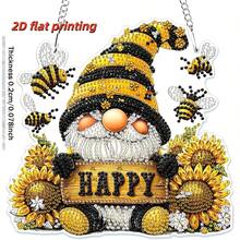 2D Flat Printing, Gnome Diamond Art Hanging Kit, 5D Special Shape Diamond Art Kit For Adults, Crystal Rhinestone Sunflower Diamond Painting Bee Gemstone Artist Home Garden Wall Decor - A - View 2