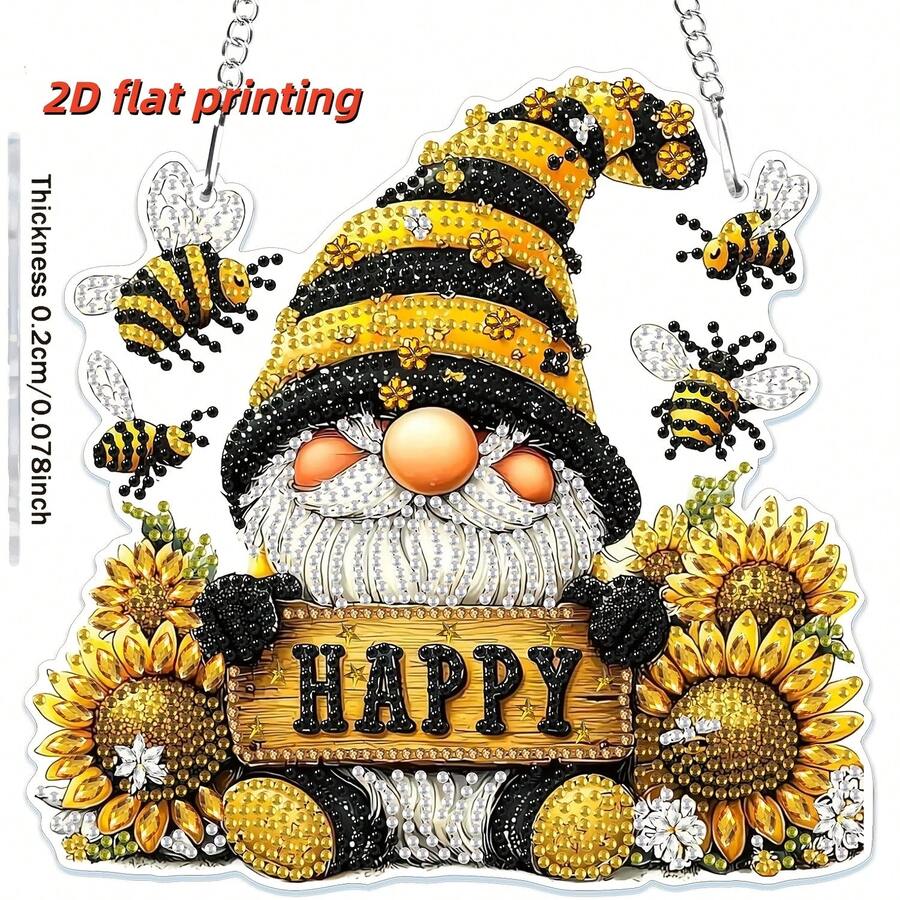 2D Flat Printing, Gnome Diamond Art Hanging Kit, 5D Special Shape Diamond Art Kit For Adults, Crystal Rhinestone Sunflower Diamond Painting Bee Gemstone Artist Home Garden Wall Decor