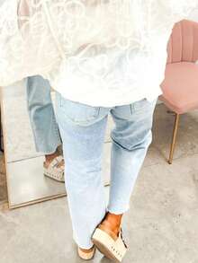 Women's Casual Straight Leg 7/8 Length Jeans, Frayed Hem, Medium Stretch, Fashion Relaxed Retro Style Spring - Blue - View 2