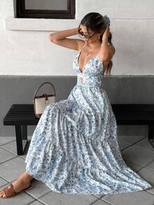 Spaghetti Strap Splicing Wide Hem Long Casual Loose Vacation Style Dress For Women - Blue and White 2 - View 1