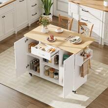 Kitchen Island, Kitchen Trolley With Fold-Down Worktop, 120 Cm, Rolling Service Cart With Drawer And Cupboard, Sonoma Oak, 92.9 X 120 X 43.5 Cm - White - View 3