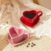 1 Set 120ml/4oz Cute Heart-Shaped Espresso Cup With Tray, Ceramic Coffee Cup Set, Suitable For Double Espresso, Macchiato, Long Black, Espresso, Romantic Gift For Valentine's Day, Anniversary, Wedding, Birthday - Multicolor - View 3
