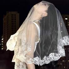 1pc Double Layer Lace Trim Short Bridal Veil, Suitable For Wedding, Bridal Photography And Bachelorette Party - Multicolor - View 4
