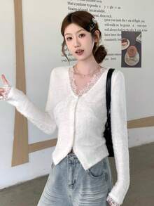Soft Feminine Lace Patchwork V-Neck Knit Cardigan Women's Autumn/Winter Soft Fluffy Slimming Top - White - View 8