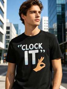 Camiseta de hombre, estilo casual, diseño Clock It con gesto de mano, 100% algodón puro, corte cómodo, para jóvenes y adultos, ideal para uso diario, - Negro - Ver 3