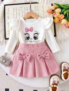 Set Atasan dan Rok Lengan Panjang Leher Bulat Motif Kartun untuk Bayi Perempuan - Putih - View 1