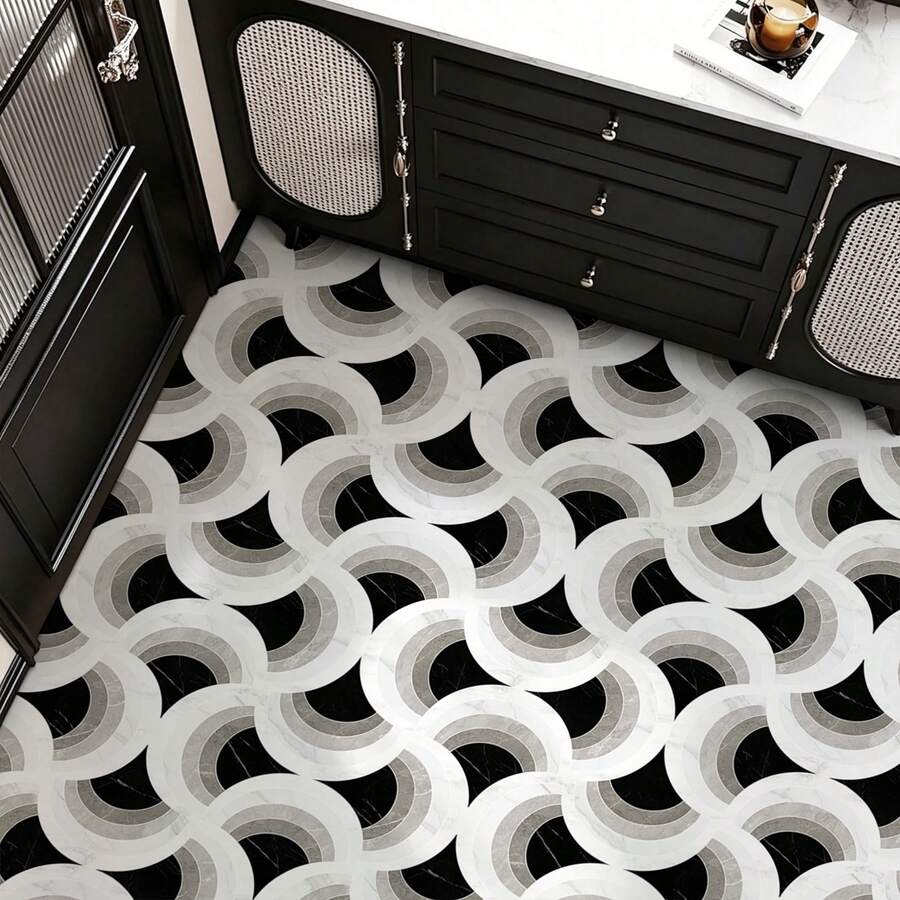 Peel And Stick Vinyl Floor Sticker 40*120CM, Black White Geometric Fan Print Removable Waterproof Anti-Slip Vintage Floor Tile, Floor Refurbishment For Rental Kitchen Bathroom - Marble Floor Stickers - View 1