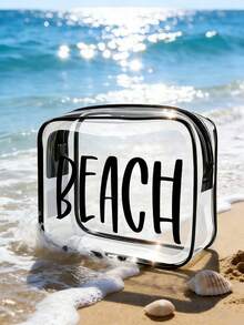 PVC防水透明防曬化妝包，印有彩色「BEACH」字母圖案，海灘主題收納袋，大容量透明旅行盥洗包，適合度假、浴室、宿舍、夏季海灘、游泳與旅行。獨特生日禮物、旅行紀念品、教師節禮物、開學必備 - 彩色 - 查看 9