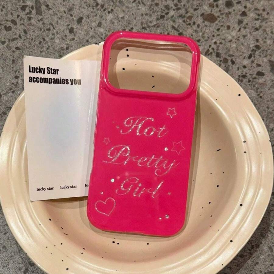 1pc Pink Glossy Rhinestone Handwritten Style Phone Case, Compatible With IPhone 17 16 15 14 13, "Hot Pretty Girl" Diamond Letter Star Heart Large Opening Camera Window, Shockproof Soft Shell, Suitable For Y2K Women - Hot Pink - View 1
