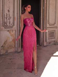 Elegant Solid Color Sequin Strapless Maxi Dress, Multi-Layer Fringe Hem, Luxury Evening Gown Suitable For Galas, Weddings Or Formal Occasions Spring Party - Hot Pink - View 1