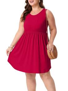 Vestidos de Verano Cueply de Talla Grande para Mujeres con Curvas, Vestidos Midi Casuales sin Mangas con Cuello Redondo y Corte Holgado - Burdeos - Ver 3