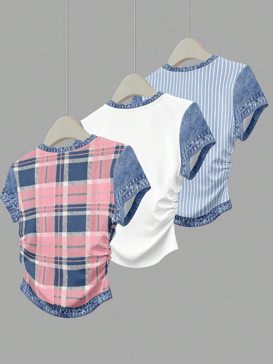 Set de 3 blusas de mujer con estampado de rayas, cuadros y gráficos, de manga corta y con efecto de cintura ceñida - Multicolor 11 - Ver 1